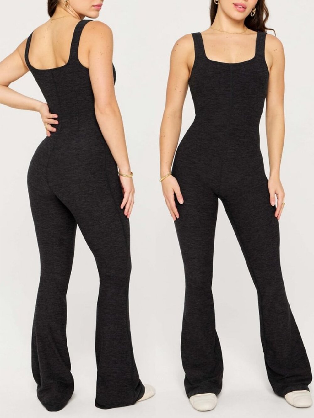 Fabletics HeatherFlex Kick Flare Jumpsuit Size M Black Heather Stretchy $125